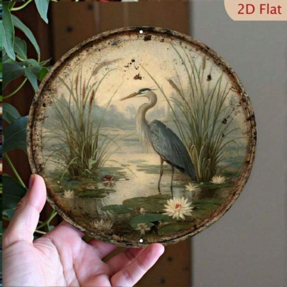 Vintage Aluminum Sign with Heron and Water Lilies Wall Decor