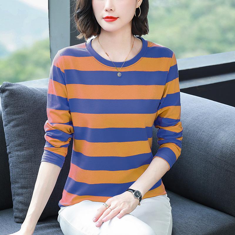 Middle-aged Mom Autumn Clothes Plus Size Loose Cotton Long Sleeve T-shirt Women's Autumn Clothes Wear Undershirts with Striped Tops