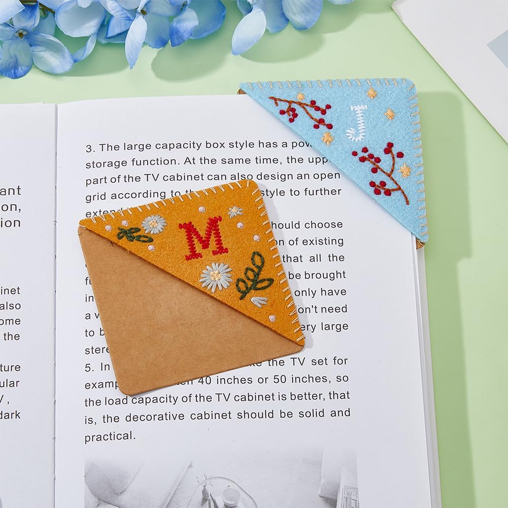 2 Styles Embroidered Corner Bookmark Hand Stitched Felt Corner Letter Bookmark Cute Flower Letter Embroidery Bookmarks Letter M J Triangle Bookmarks