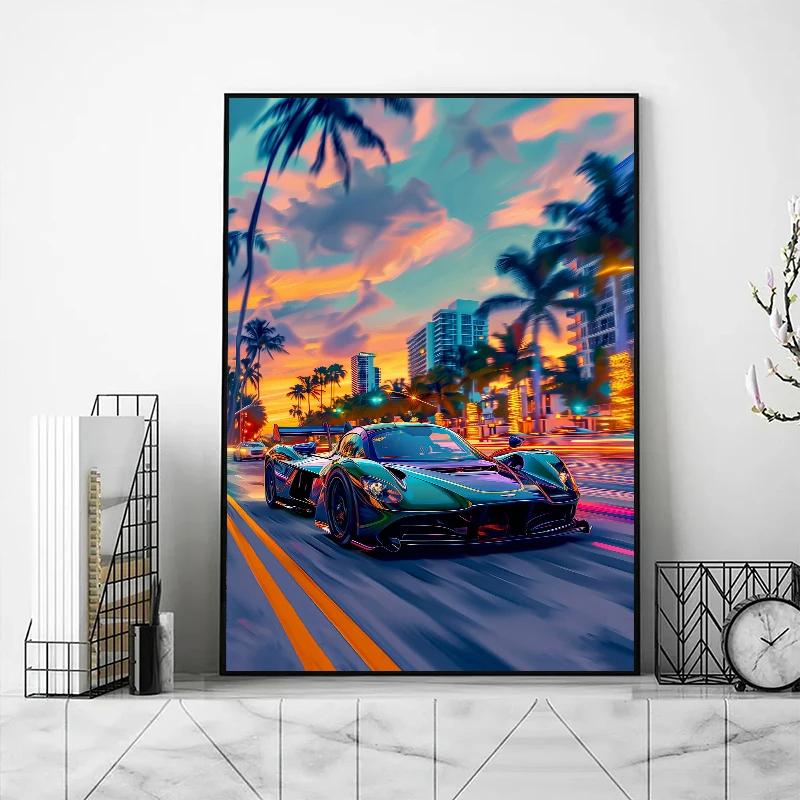 Classic Cool Supersport Car Sunset Colorful Posters and Prints Canvas Printing Wall Art Picture for Living Room Home Decora Gift