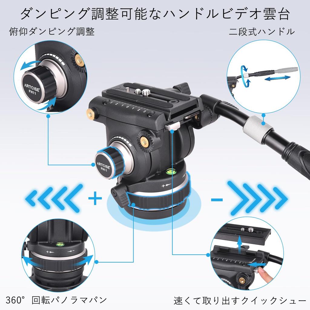 ARTCISE Fluid Video Head with Adjustable Aluminum Alloy Tripod Head with Handle for Maximum Load Capacity 12kg Damping, DSLR/Digital/SLR/Camera Video,