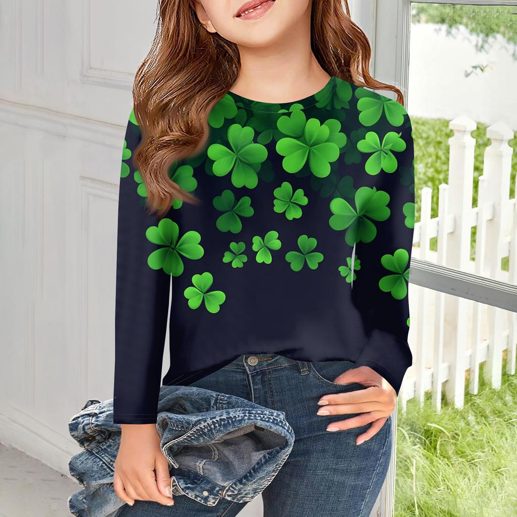 Flickor Långärmade T-shirts Barn Hösttoppar Rundhals Tryckta Bas T-shirts Saint Patrick's Day