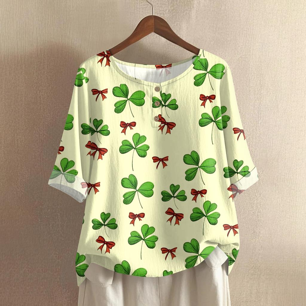 Women's Fashionable And Casual Shirt 3/4 Sleeve Round Neck Print Blouse Top
