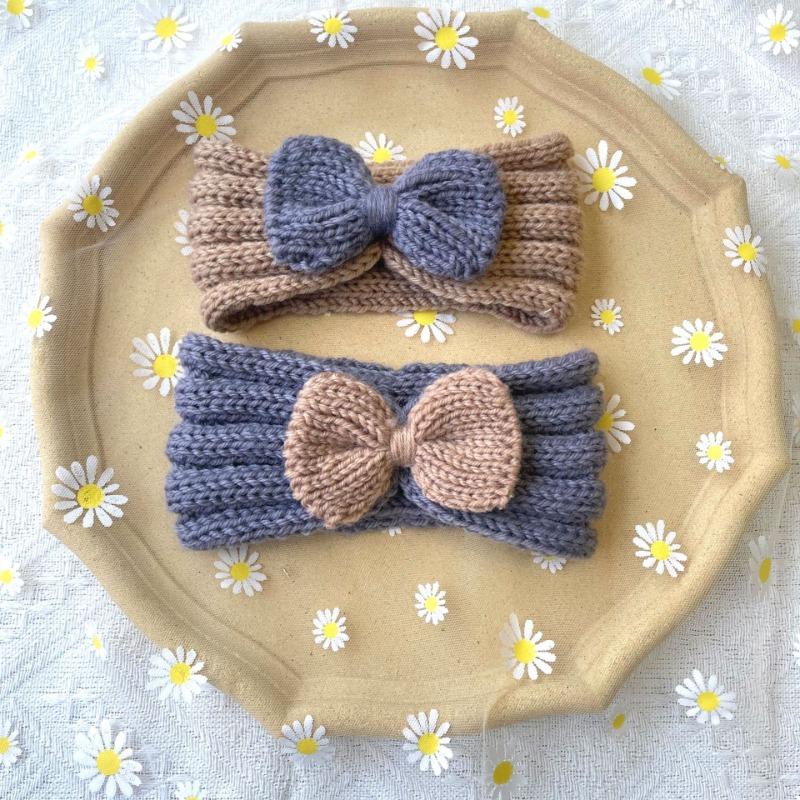 Autumn and winter warm children's contrasting color knitted wool hair accessories, baby solid color bow headscarf, baby headband