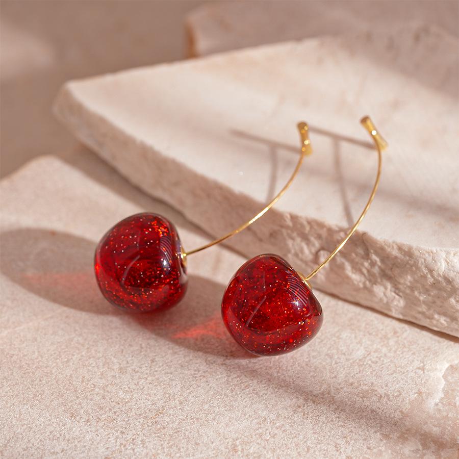 Ankola Red Resin Smudge Cherry Silver Needle Earrings Fashion Sweet Fruit‑Shaped High‑End Temperament Trend Jewelry