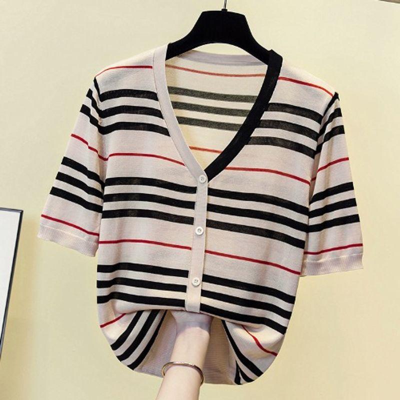 

Fashion Label Cutting Stripes Ice Silk Short Sleeve T-shirt Knitwear Apricot 2XL