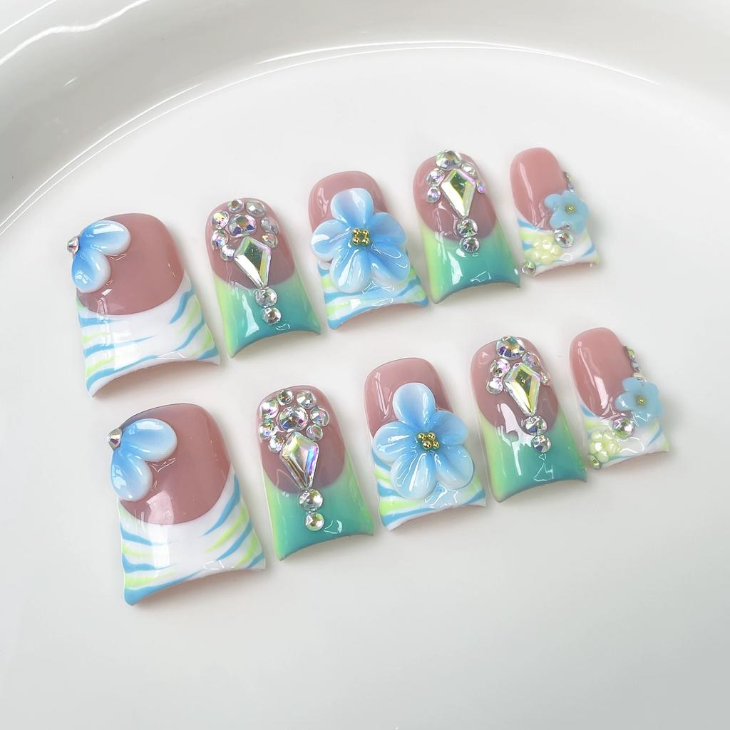 10Pcs Blue French Duckbill Handmade Press On Nails With 3D Flowers Wearable Stick On False Nails Tips