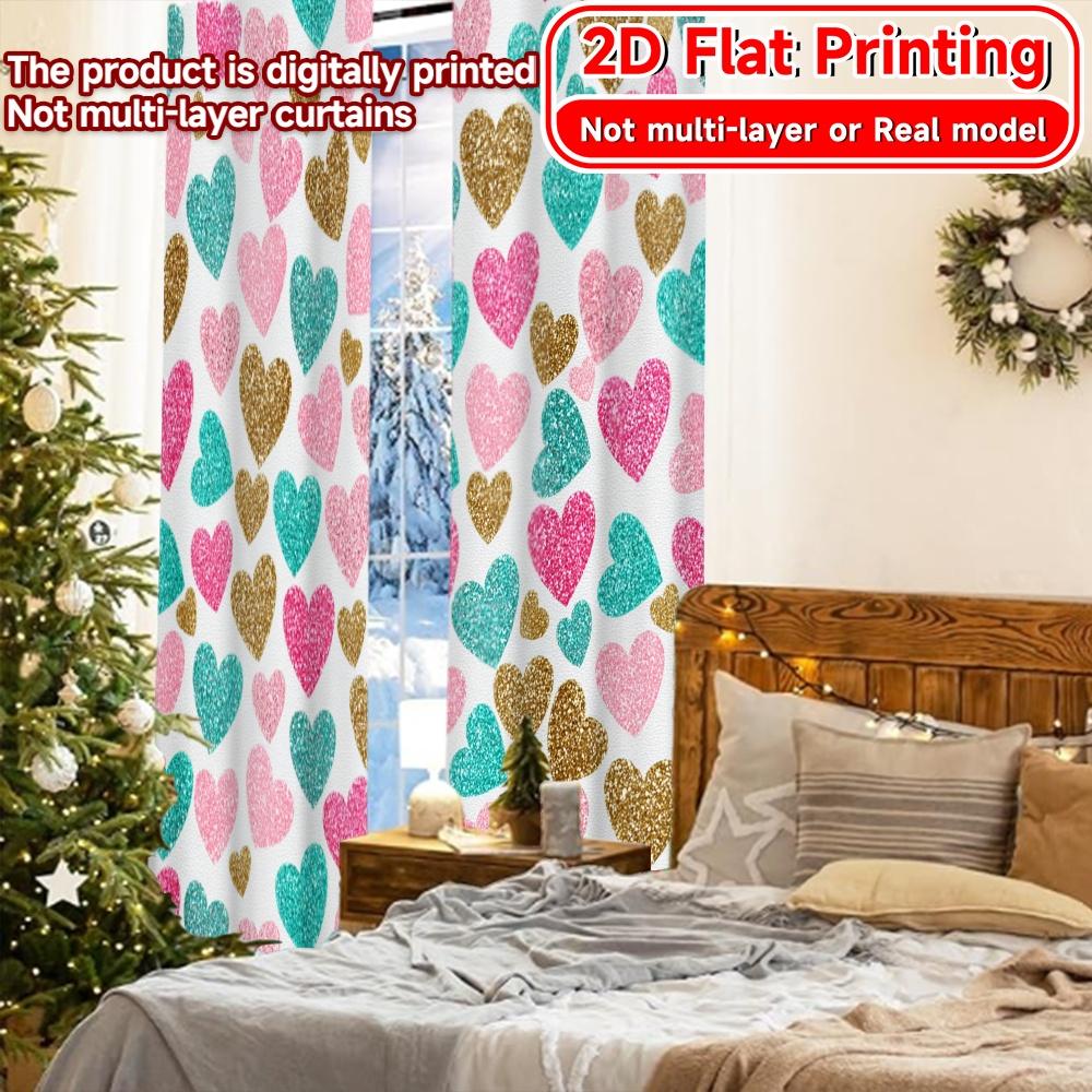 2D Flat Printing  2pcs Heart Delight Chic Curtains Polyester Easy Install Curtains Decorations for Translucent Curtains Privacy