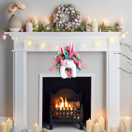 Easter Bunny Wreath with Floppy Ears & Colorful Ribbon Plush Front Door Hanging Wreath Spring Festival Party Decoration