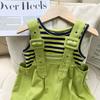 Stylish Summer Girls Two Piece Outfit Set With Trendy Sleeveless Top And Striped Adjustable Suspenders