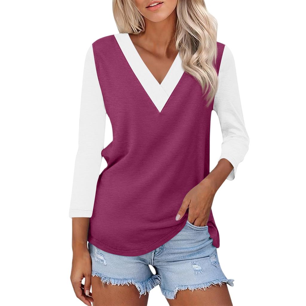 Damen Casual Mode Sexy Bequem V-Ausschnitt Farbblock Dreiviertelarm Top
