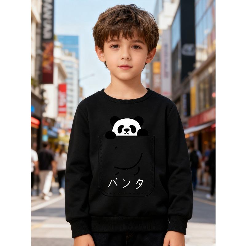 European Sizes Kids' Crew Neck Pullover,  Long Sleeve Top with Cartoon Panda Print, Suitable for Daily Casual Wear and Outdoor Activities