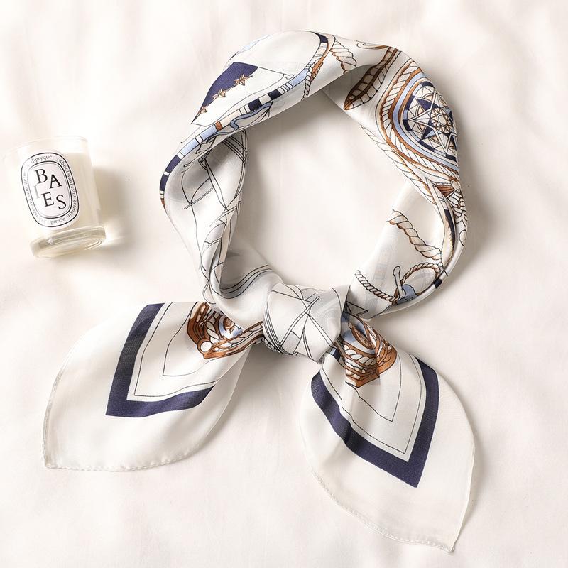 Xiaoxiangfeng Imitation Silk Scarf Women's Sailboat Pattern Versatile Decorative 70x70 Square Tied Headband