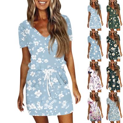 Kadın Yaz Günlük Moda Düz Renk İpli V Yaka Kısa Kollu Elbise