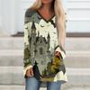 Women's Casual Long Sleeve V-Neck Halloween Print T-Shirt Mid-Length Top