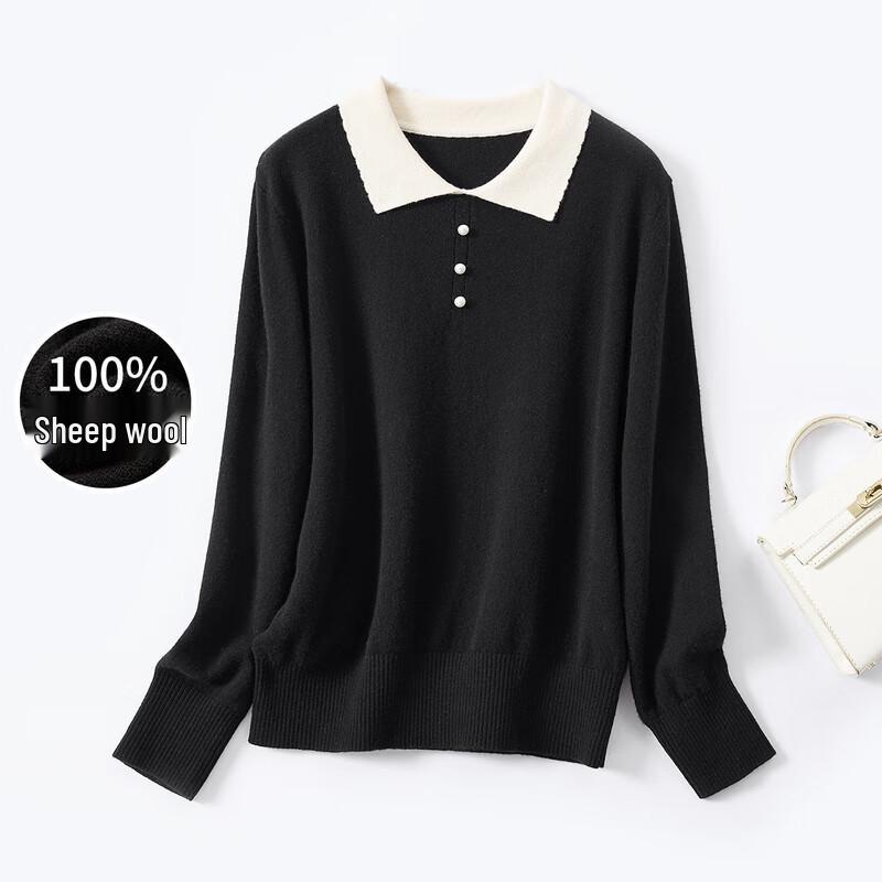 

Jinju 100% Merino Wool Lapel Pearl Button Knit Sweater L
