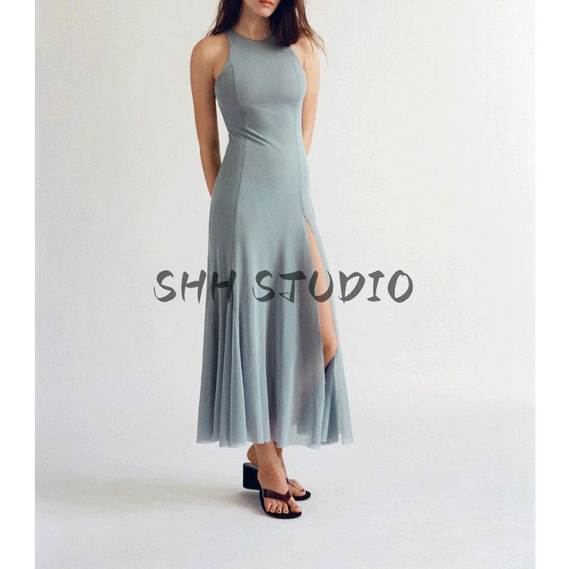 Autumn Women Clothes Round Neck Sleeveless Wave Wide Swing Silk Net Midi Dress 5039830 5039305
