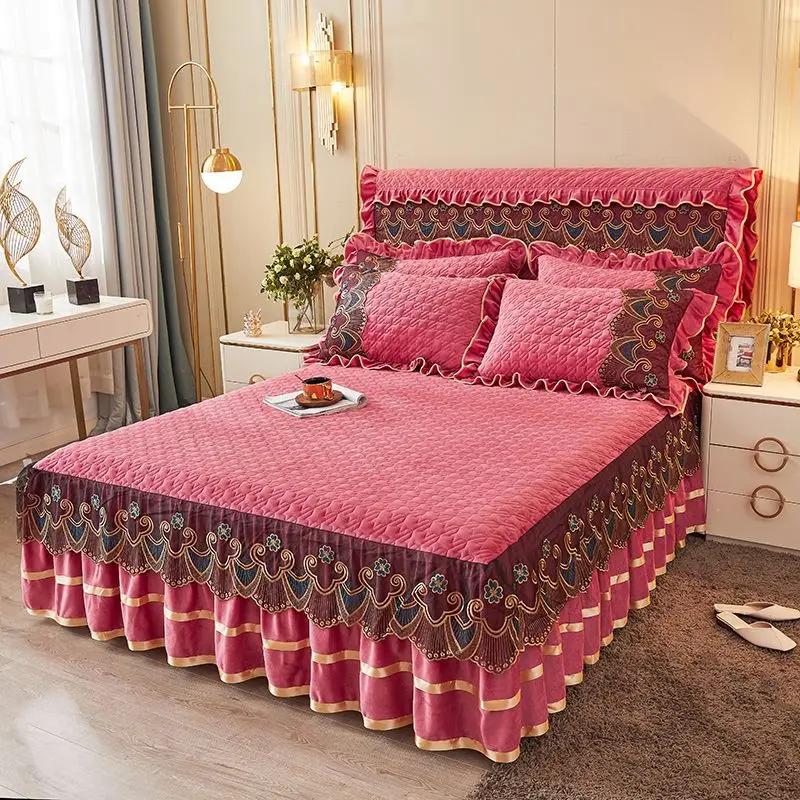 Luxury Winter Crystal Velvet Thicken Quilted Bedspread King Queen Size Flannel Bed Skirt Not Including Pillowcase