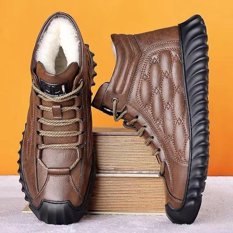 Fashion Non-Slip Cotton Shoes Men's Winter Warm Thickened Fleece-Lined Leather High-Top Snow Boots Integrated Wool Hair Casual Shoes