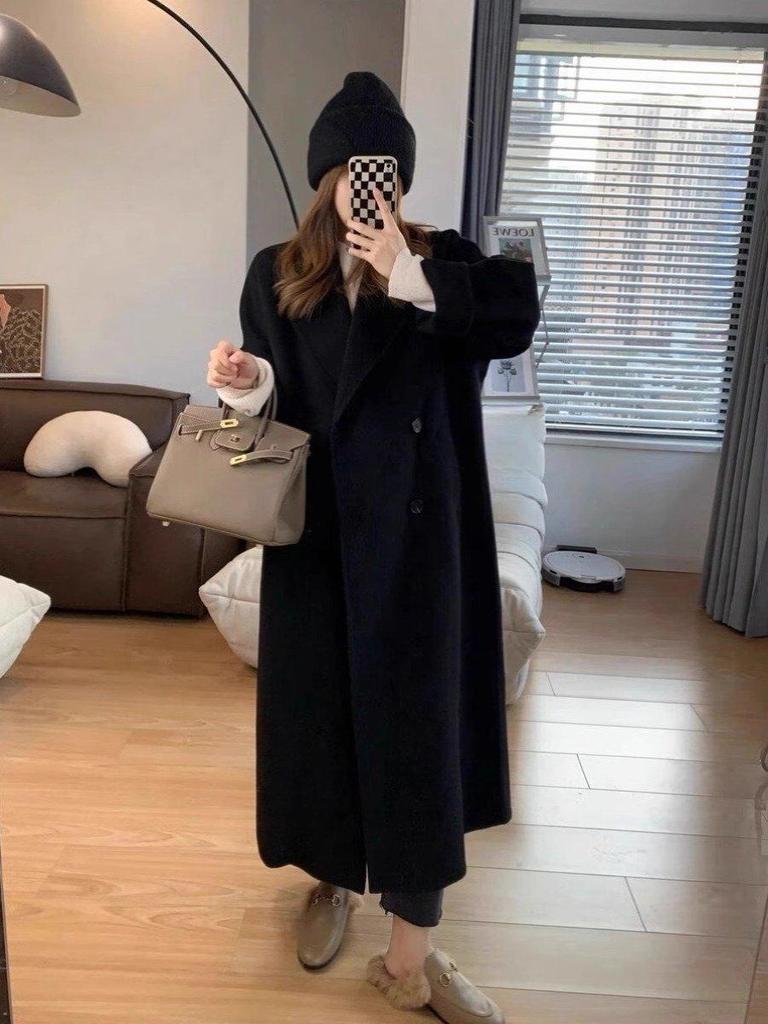 Oatmeal Double-Sided Cashmere Women's Mid-Length Coat - 2023 Autumn/Winter Korean Hepburn Style