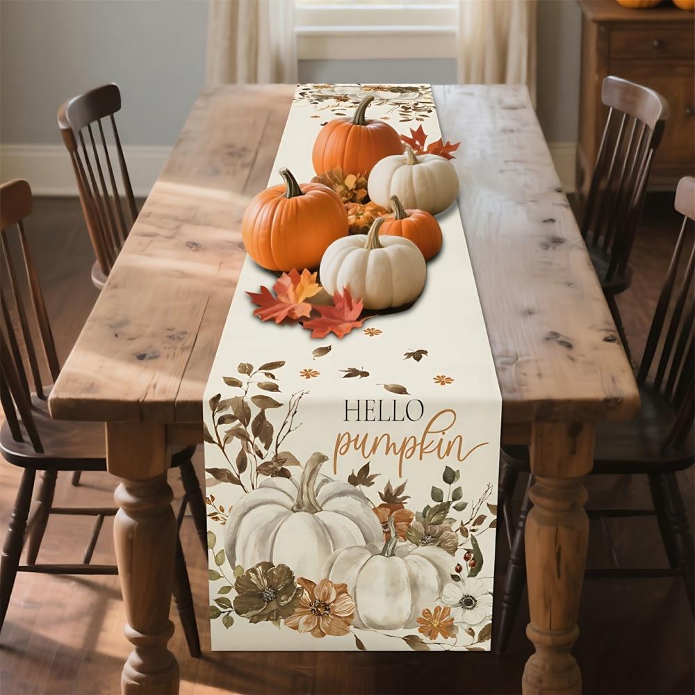 1Pc Autumn Pumpkin & Dried Leaf Table Runner - Thanksgiving Party Decor, Rectangular Tablecloth With "Hello Pumpkin" Design