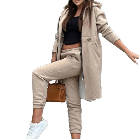 

Женский комплект из 2 шт./компл., пальто, брюки, с капюшоном, нерегулярный разрез, застежка-молния с длинным рукавом, свободные флисовые однотонные брюки с эластичной резинкой на талии, ремешки на щиколотке L хаки