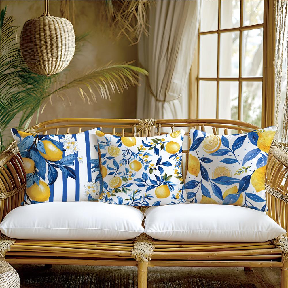 1/4pcs Coastal Blue Stripe Lemon Blossom Throw Pillow Cover Home Farmhouse Outdoor Decoration Cushion Cover