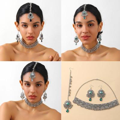 Ensemble Rond à Franges Goutte d'Eau Mode Style Ethnique Rétro Boucles d'Oreilles Collier Coiffe Ensemble Trois Pièces pour Femmes