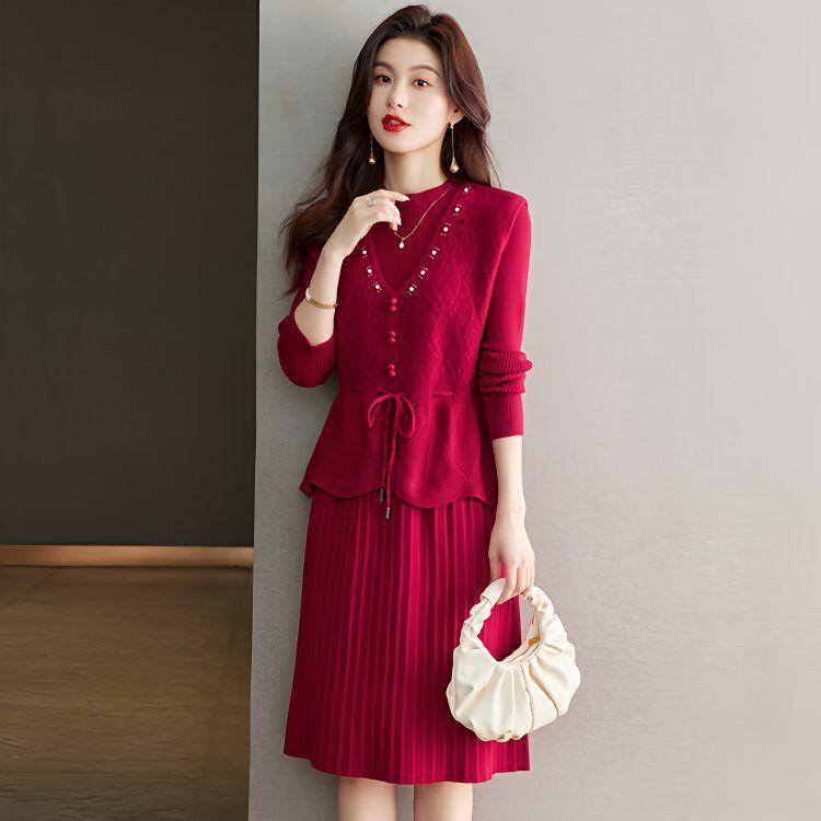 Two-Piece Knit Vest & Dress Set: Mid-Length, Slim-Fit, Autumn/Winter Fashion