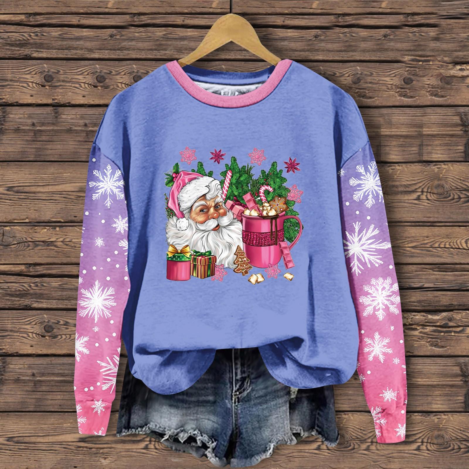 

Женская мода повседневная толстовка с длинным рукавом и принтом Санта-Клауса с круглым вырезом S