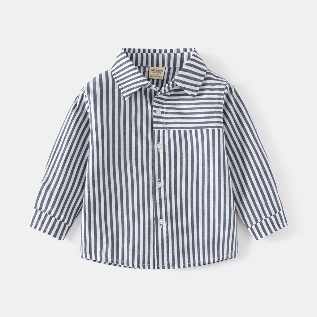 Kids Boys Long Sleeve Striped Embroidery Casual Children Shirt Spring Autumn Top