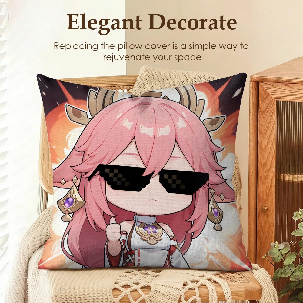 Yae Miko Cute Genshin Impact Cushion Cover Natural Linen Organic Fabric DoubleSided Printing Sofa Home Decor Gift Pillow Case