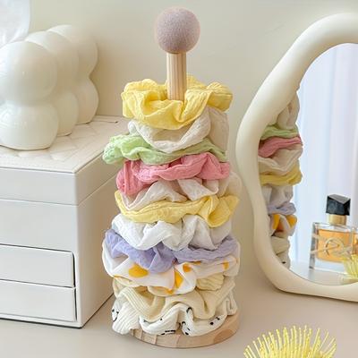 Organizador de Acessórios de Cabelo em Madeira Maciça | Design Multicamadas, Adequado para Scrunchies, Presilhas e Joias | Neutro Suave