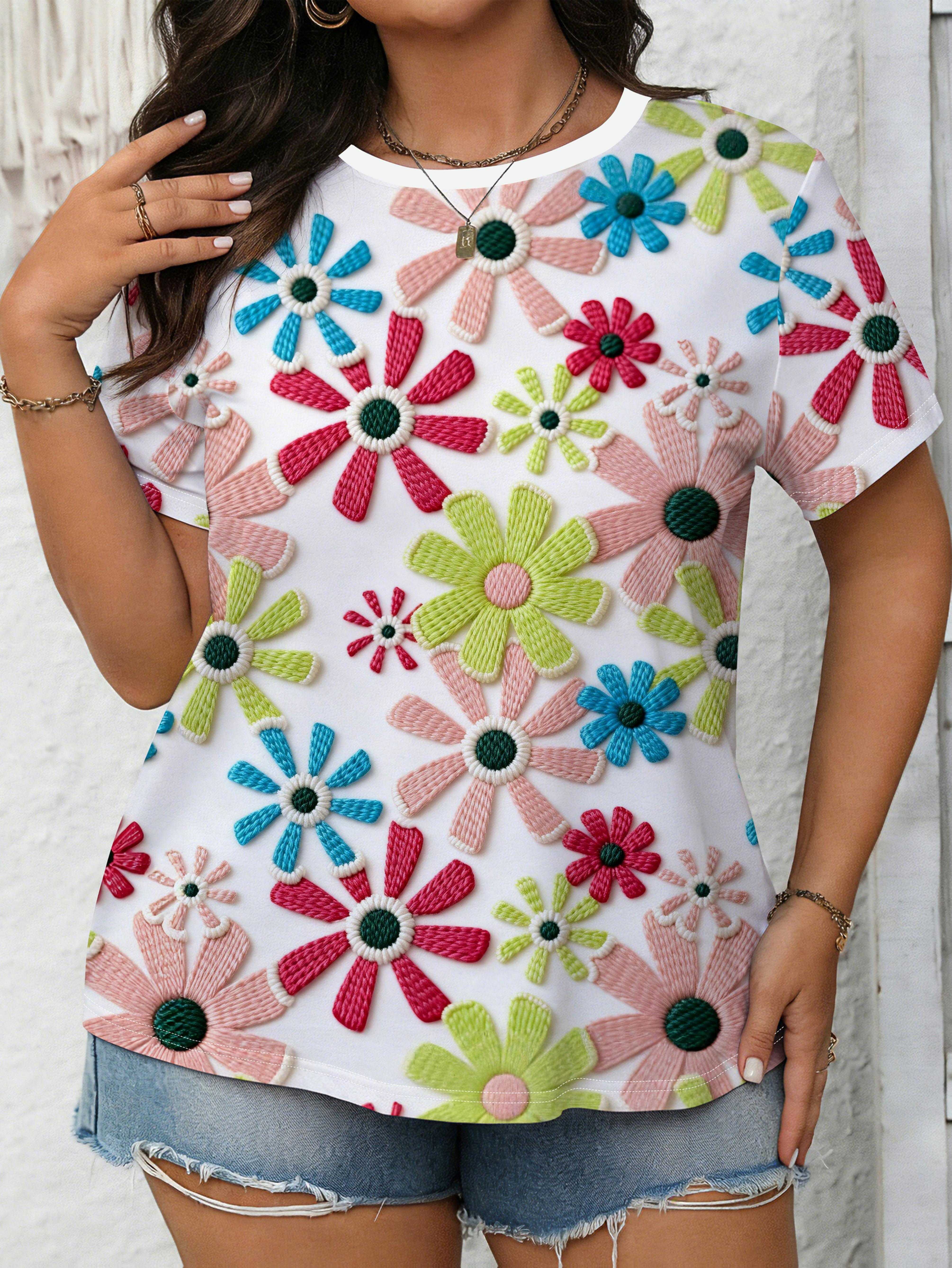 

A White Short-Sleeve T-Shirt for Plus-Size Women Featuring a Texture And Vibrant Floral Design. Exuding Cheerful And Energetic Vibes. Perfect for Dail S дубильная кора