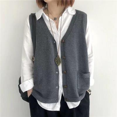 Vintage umělecký styl pletené vesty dámské jednobarevné bez rukávů s knoflíky a výstřihem do V, dámské ležérní volné pletené kabáty