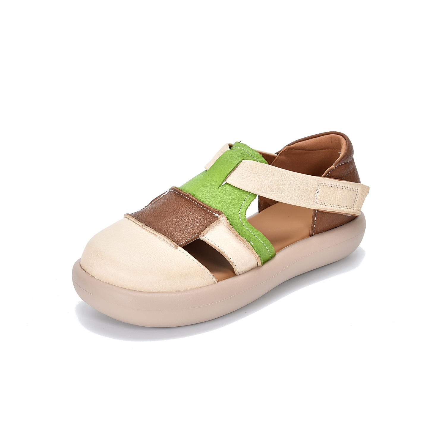 

Johnature Genuine Leather Mixed Colors Hollow-out Sandals Casual Round Toe Thick Soled Women s Shoes 35 зелёный