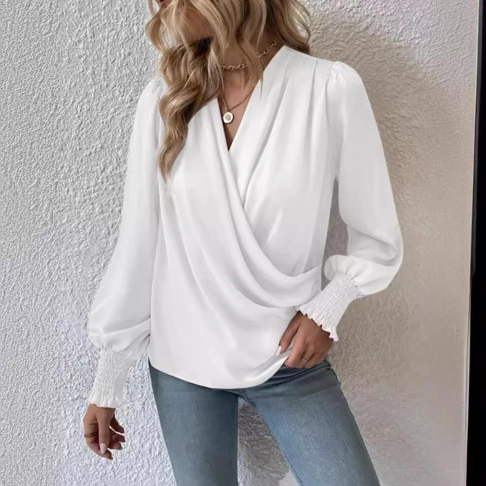 Women's V Neck Long Sleeve Blouse Loose Fit Solid Satin Surplice Ruched Smocked Cuff Lantern Sleeve Elegant Commuter Shirt