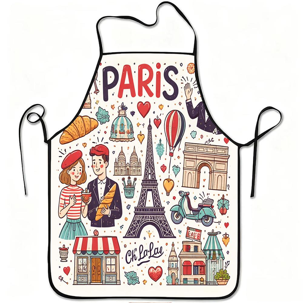 1pc Paris Romance French Style Print Apron, Durable And Easy to Clean, Adjustable Waistband, Polyester Material, for Kitchen Cooking, Gardening, Orcha