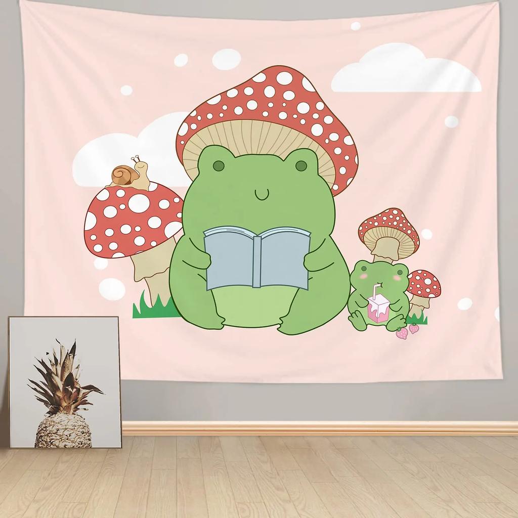 Cute Frog Tapestry Mushroom Tapestries Cartoon Animal Wall Hanging Tapestry for Girl Teen Funny Bedroom Living Room Dorm Decor