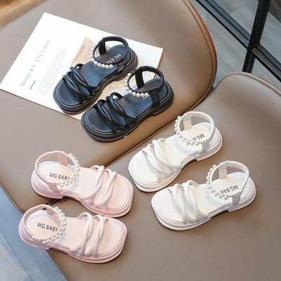 Dívčí sandály Letní Dětské Princeznovské Ležérní Perlové Plážové Boty Módní Dětské Ploché Sandály s Otevřenou Špičkou Jednobarevné Všestranné Nazouvací