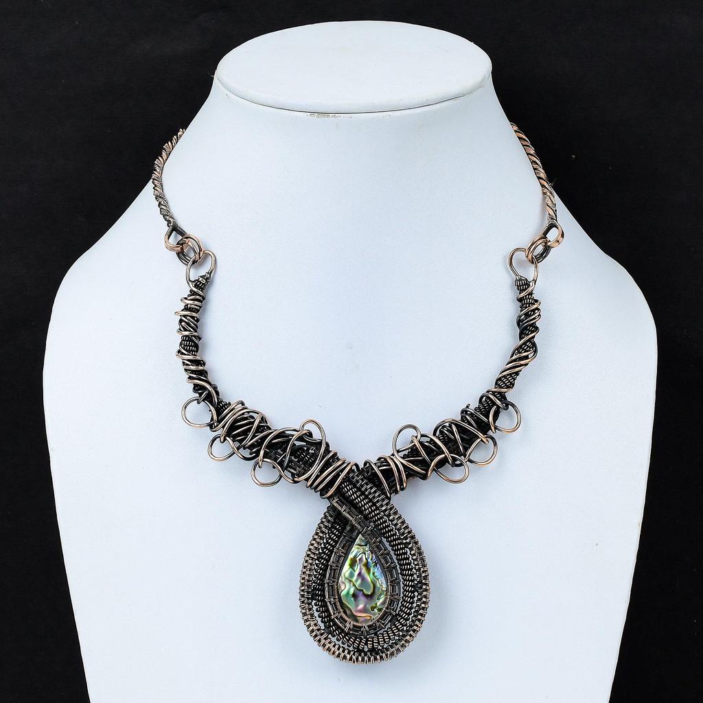 Abalone Shell Necklace Copper Wire Wrapped Gemstone Jewelry Adjustable Necklace Handmade Jewelry Copper Wire Wrap Necklace Jewelry For Gift