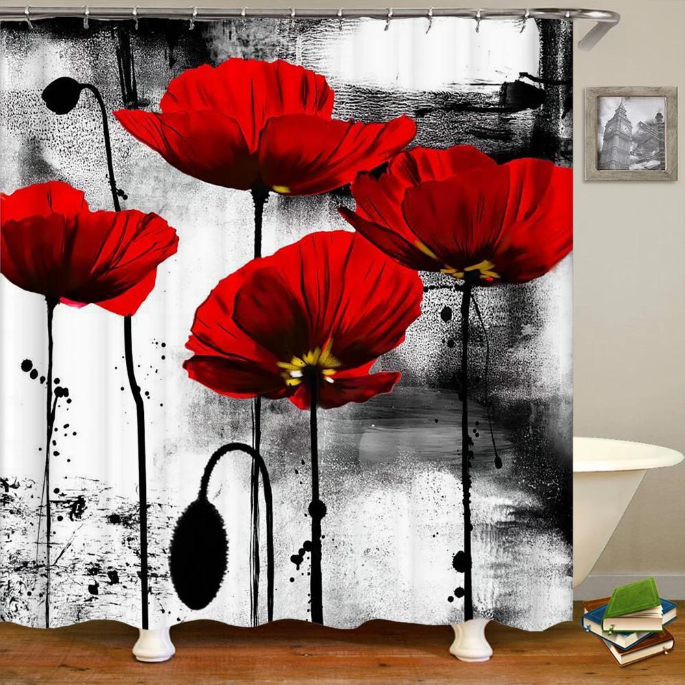 European Retro Flower Shower Curtain Watercolor Floral Bathroom Curtains Waterproof Botanical Bath Curtain With Hooks