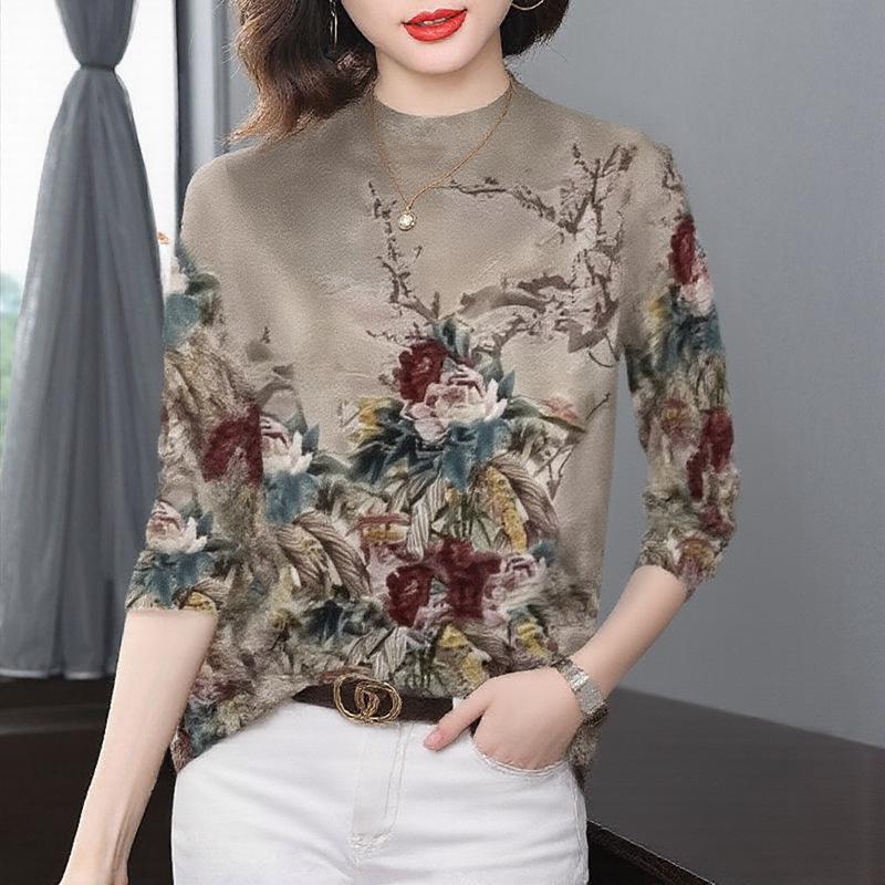 

Women s Fleece-Lined Slimming Top: Half-High Collar, Printed, Long-Sleeve, Age-Reducing, Ideal for Middle-Aged Mothers. XL