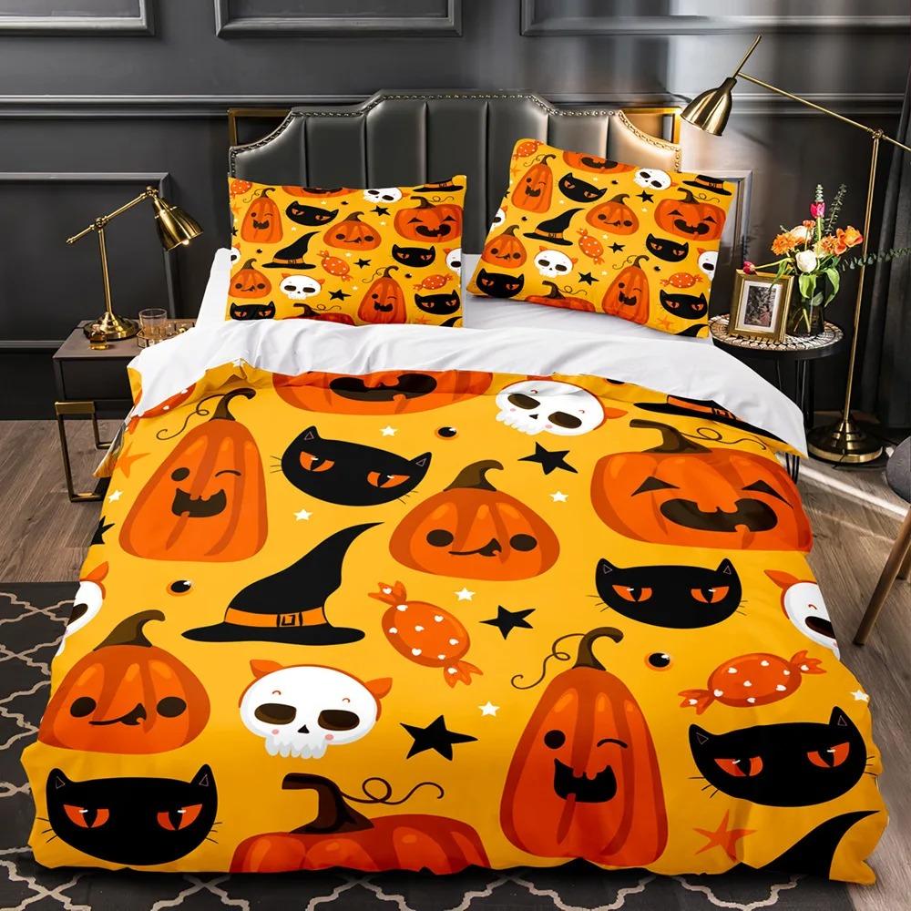 3D Print Halloween Bedding Set, Halloween Cartoon Jack O' Lantern Tombstone Skulls And Bones 2-3Pcs Polyester Duvet Cover Set