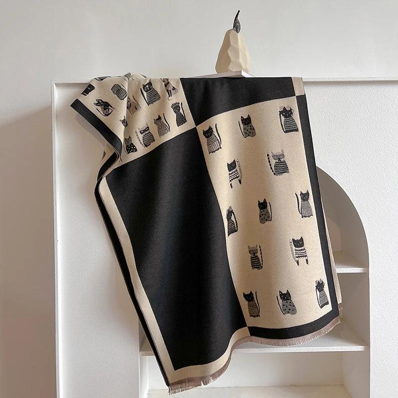 New Fashion Cute Cat Ladies' Jacquard Pashmina Cashmere Scarf Winter Thick Warmth Shawl Coldproof Windproof Blanket Scarf