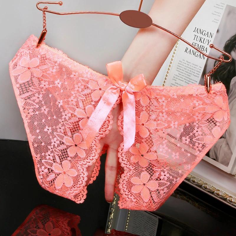 Sexy Underwear For Woman Lace Open Crotch Transparent G-Strings Thongs Low Waist Bow Female Tanga Hollow Briefs Lingerie