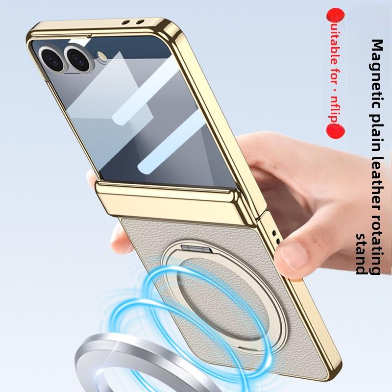 For Samsung Galaxy Z Flip 7 Case Luxury PU Leather Skin Hinge MagSafe Magnetic Ring Stand Protect Back Cover For Z Flip7 Shell