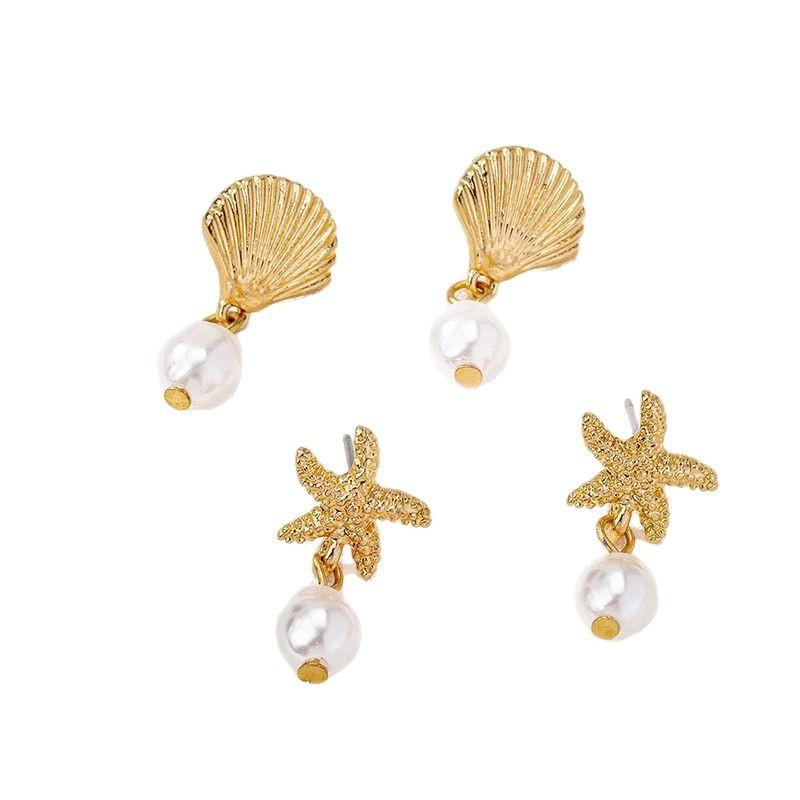  Creative Star Seashell Zircon Earrings 6 Piece Set for Women Electroplated Alloy Vacation Style Fresh and Sweet