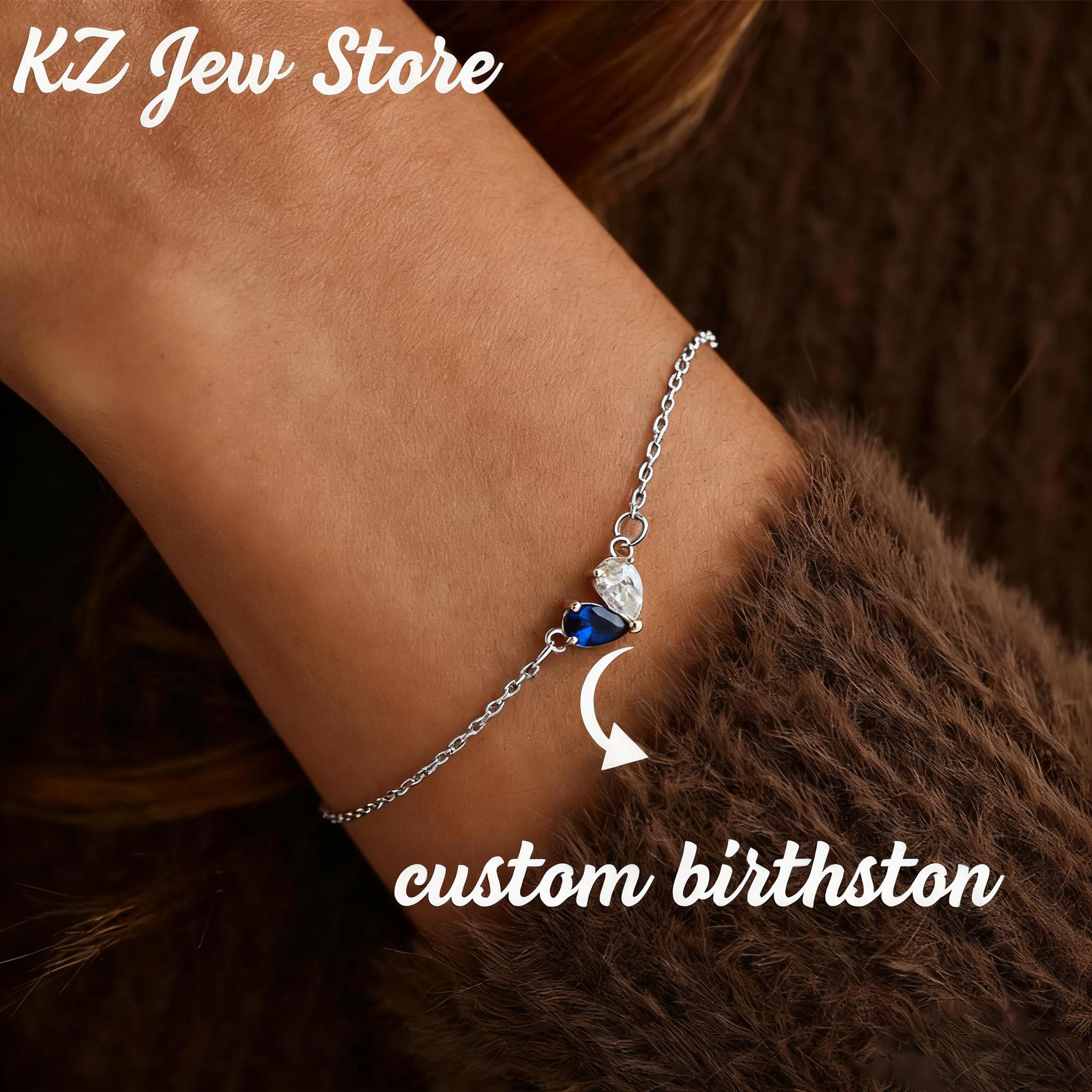 

Custom Two Birthstone Heart Bracelet For Women Dainty Gold Color Blue White Stone Adjustable Stainless Steel Chain Jewelry Gift 19cm