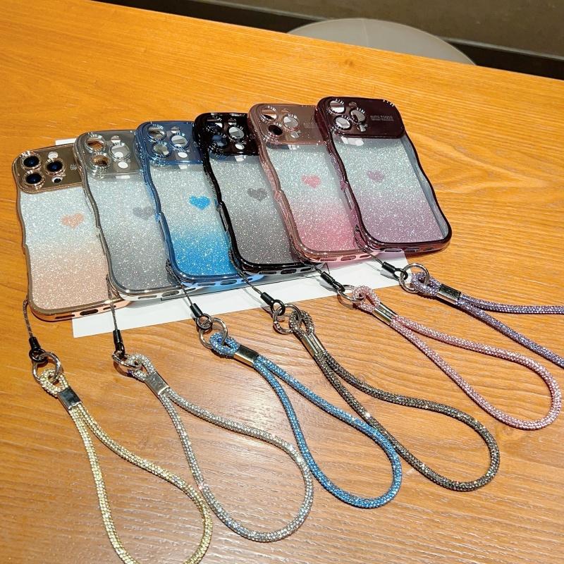 For iPhone 16 Pro Max Case with Strap Electroplating TPU Phone Cover Love Heart Gradient Glitter